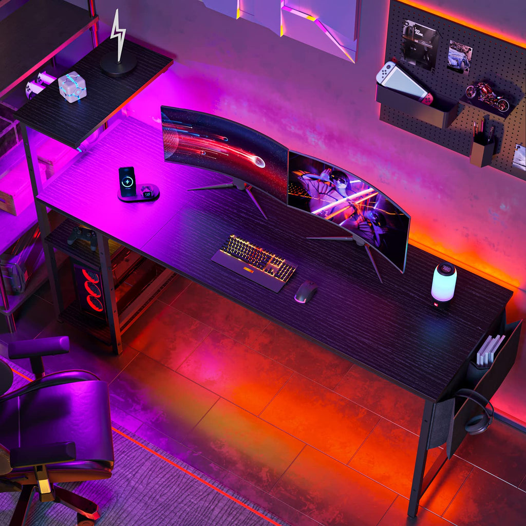 61 inch gaming desk with power outlets featuring dual curved monitors and RGB lighting setup