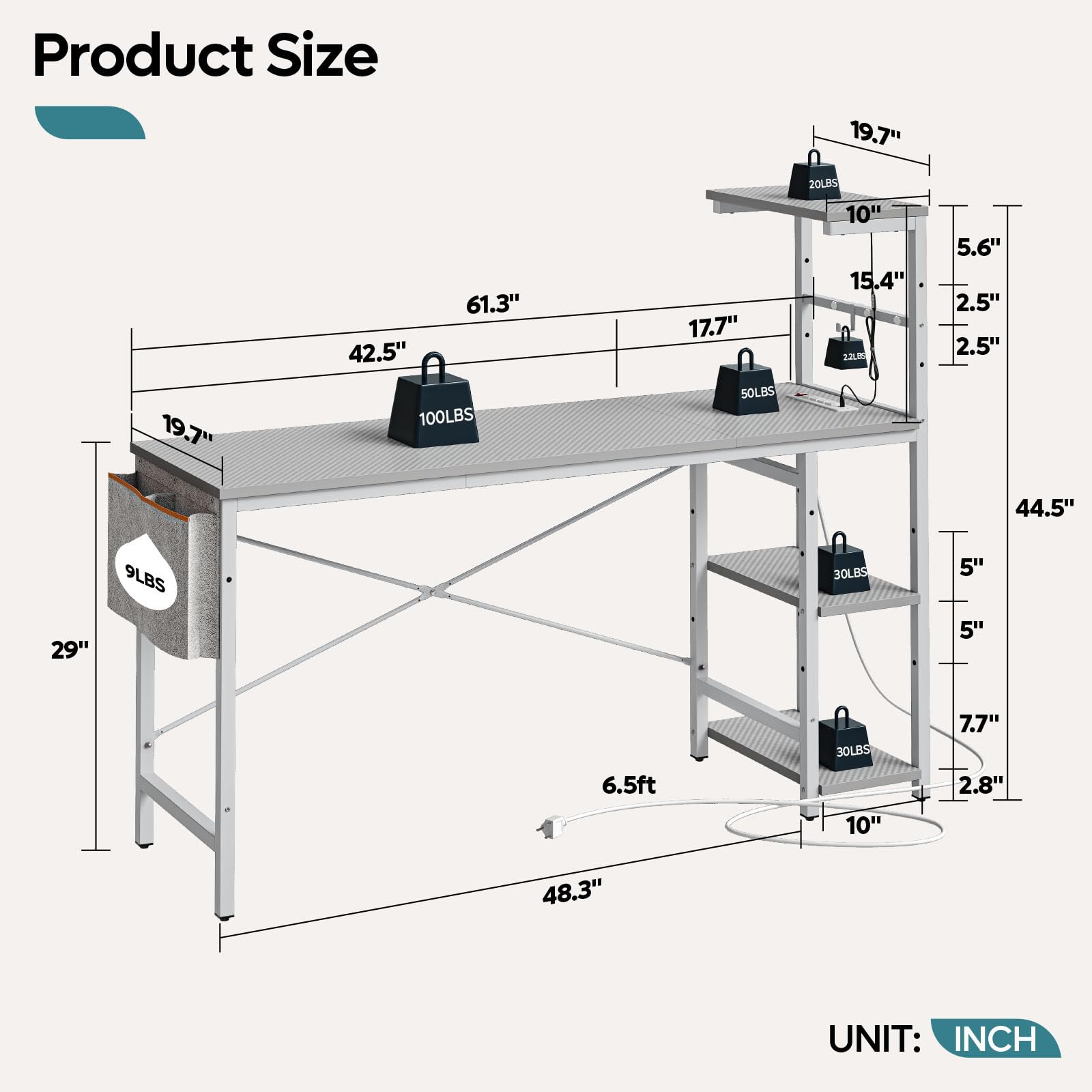 61 inch gaming desk with power outlets and shelves showing weight capacity and dimensions in inches