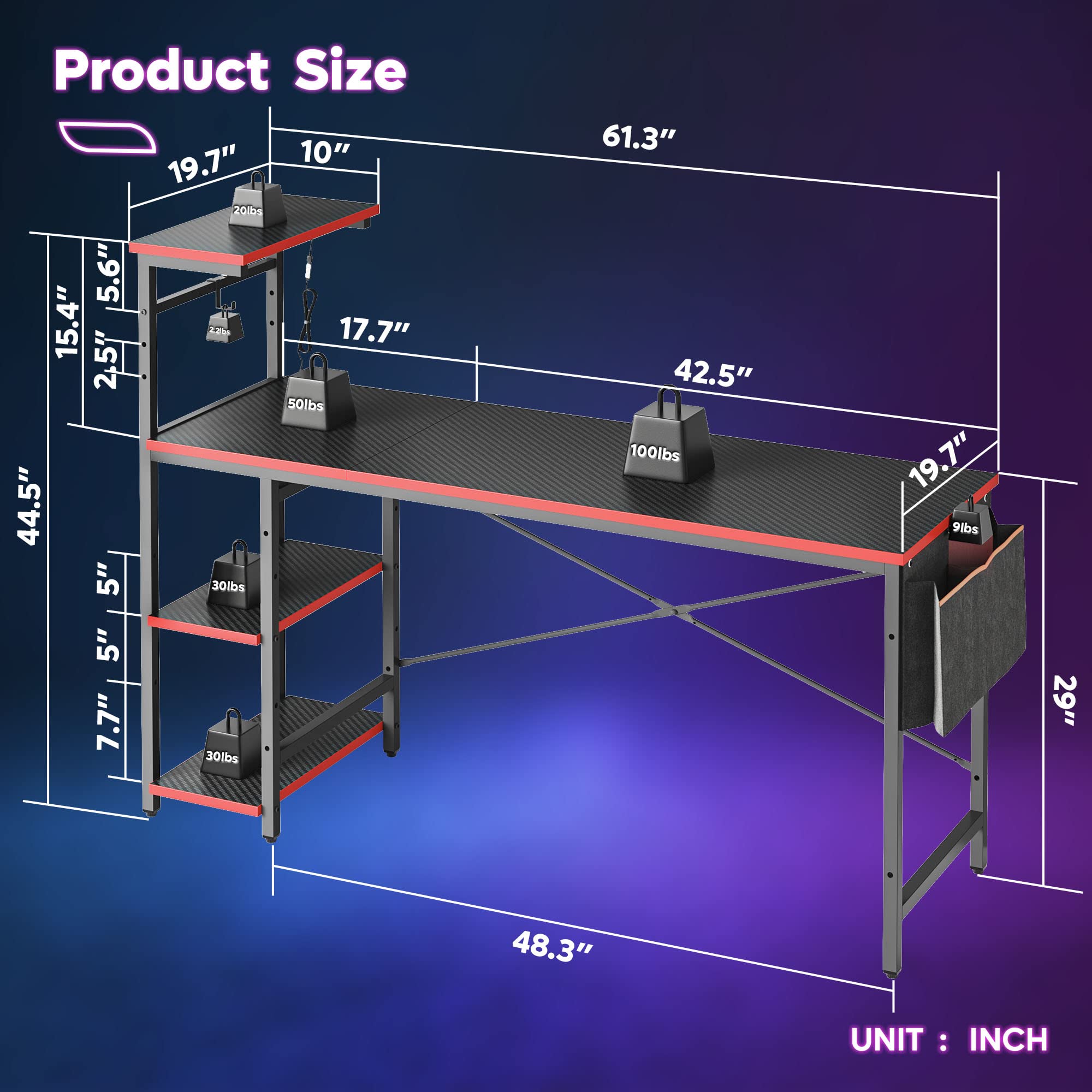 Craques 61 inch gaming desk with power outlets black and red with shelves and storage pockets