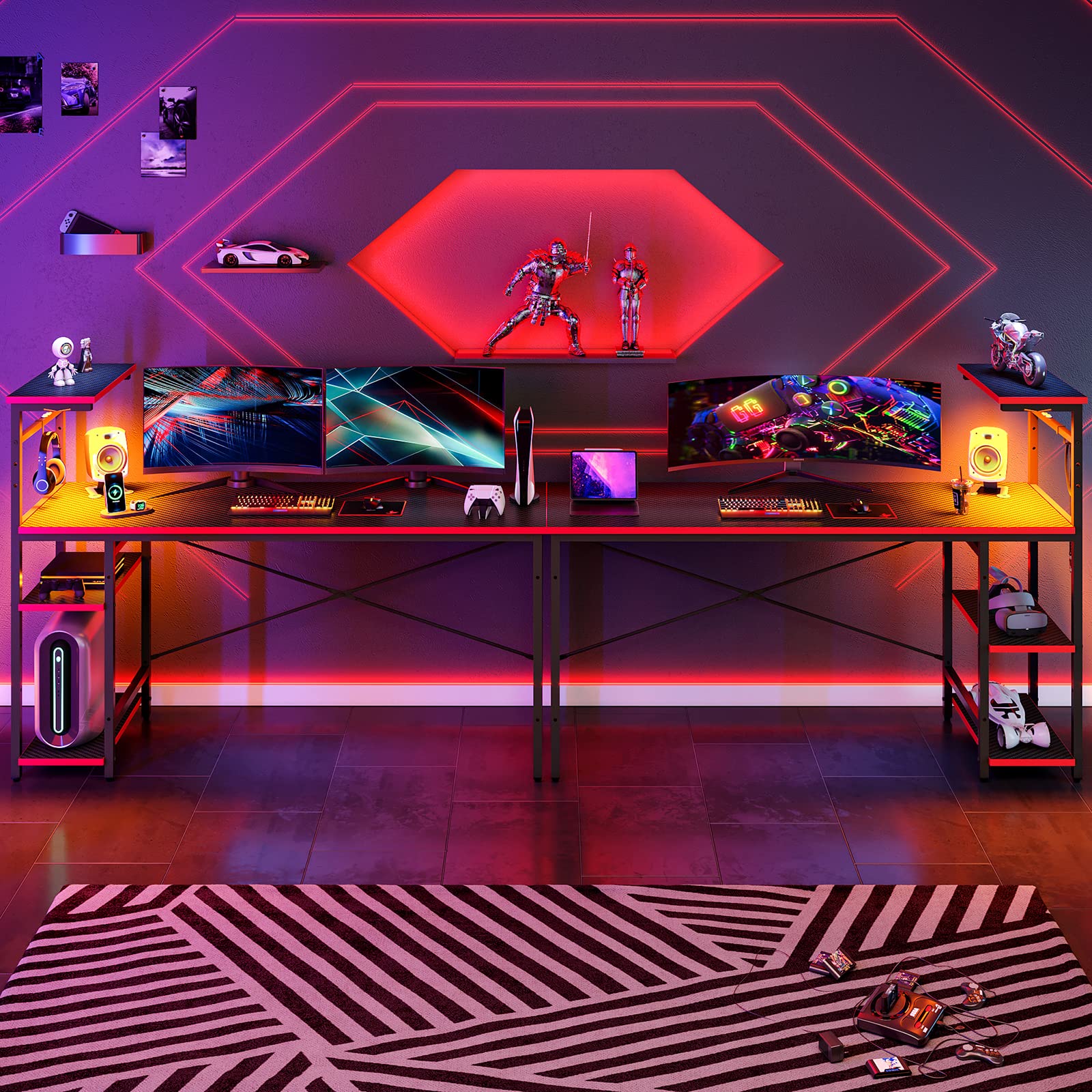 61 inch gaming desk with power outlets featuring triple monitors and ambient LED lighting setup