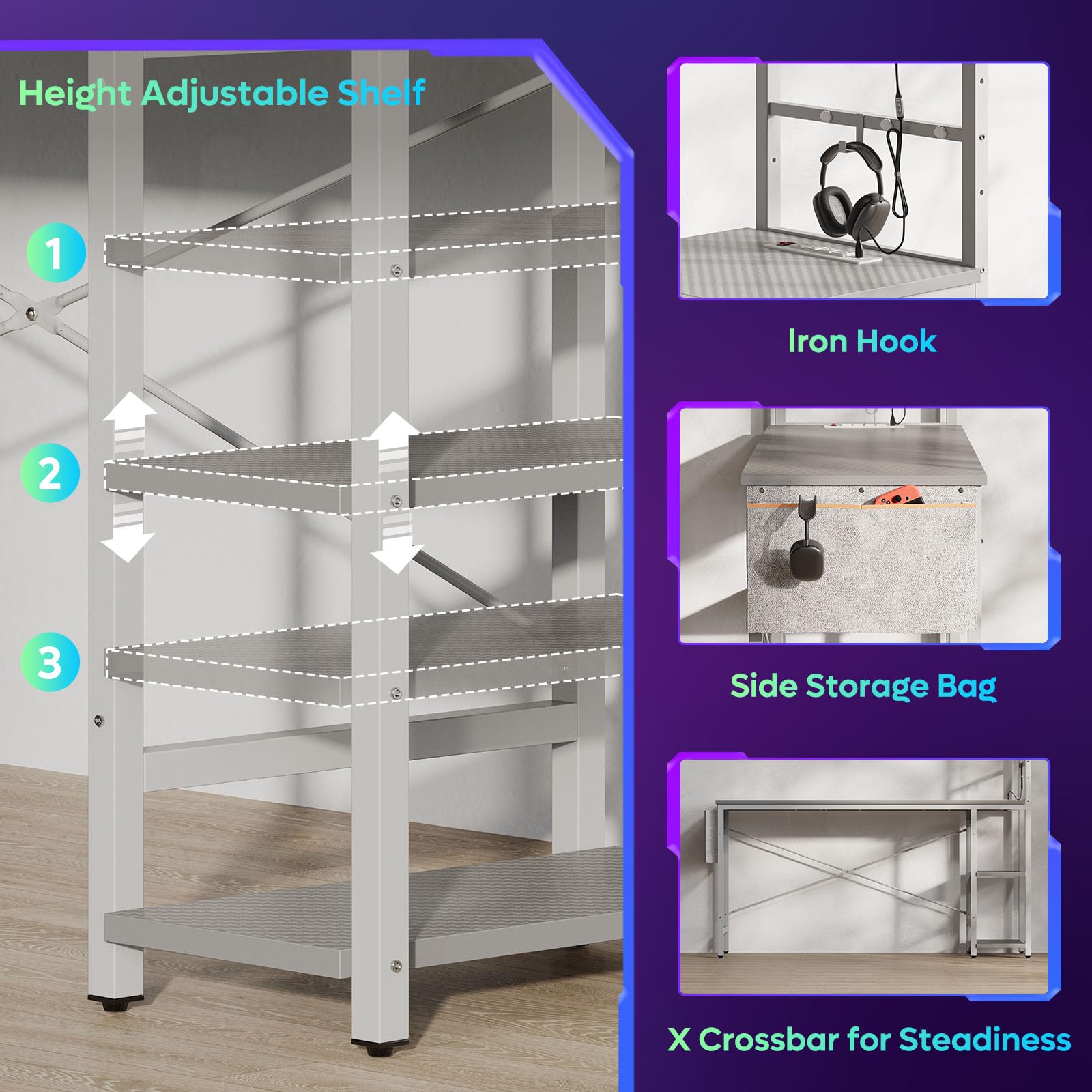 61 inch gaming desk with power outlets by craques showing height adjustable shelf iron hook side storage bag and X crossbar for steadiness