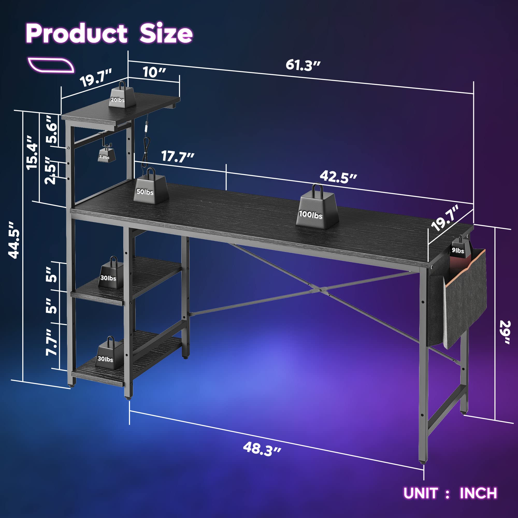 Craques 61 inch gaming desk with power outlets showing detailed dimensions and weight capacity