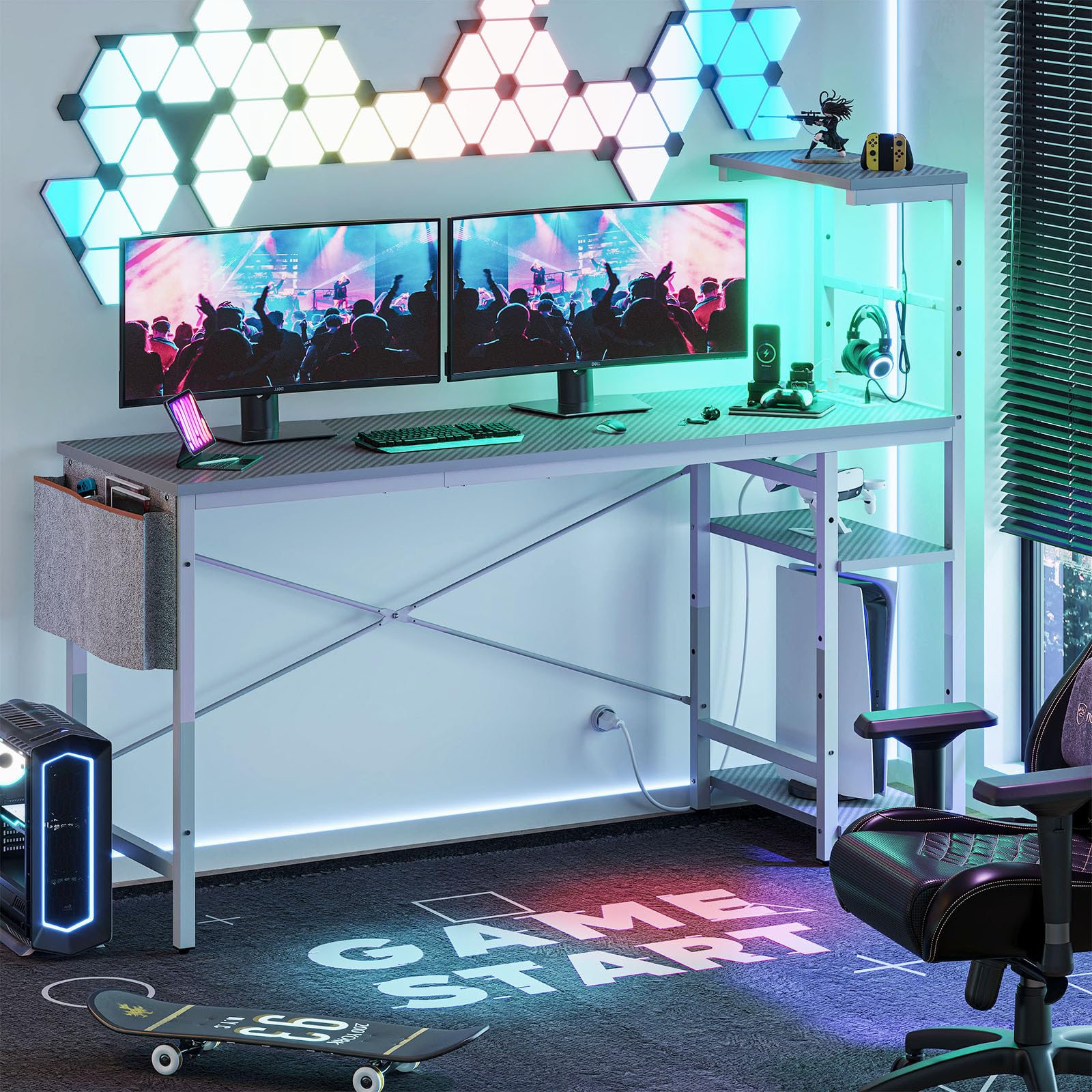 Craques 61 inch gaming desk with power outlets featuring dual monitors and modern RGB lighting setup