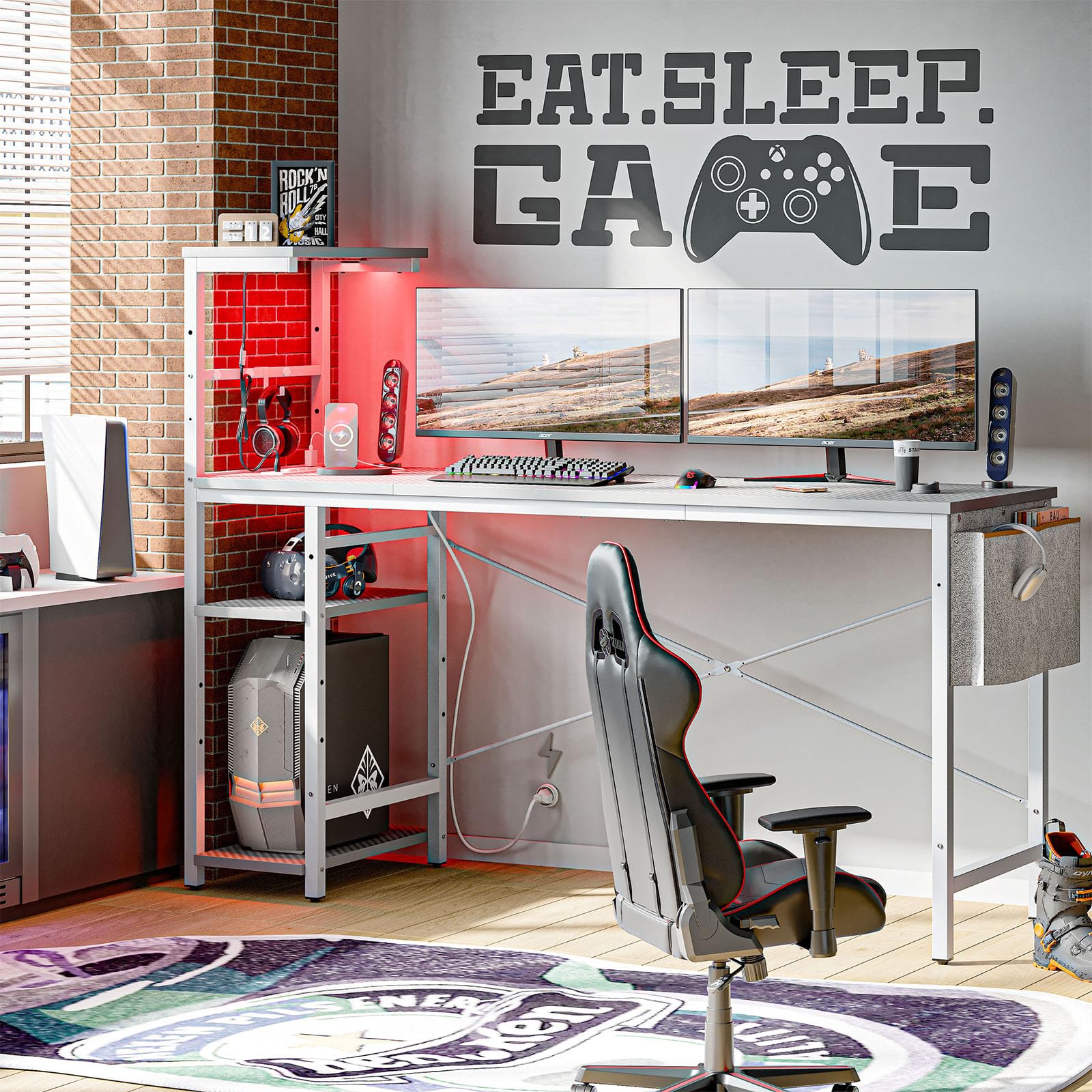 Craques 61 inch gaming desk with power outlets featuring dual monitors and ergonomic chair in modern gaming setup