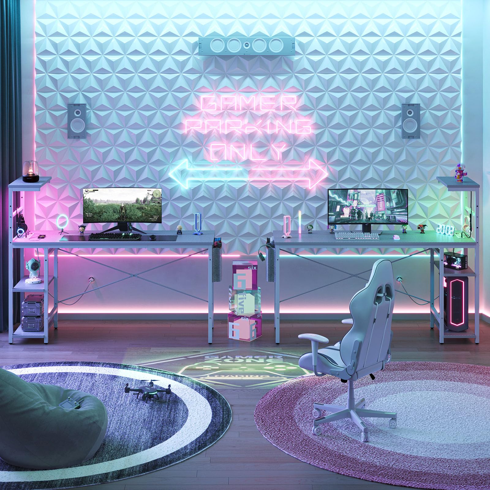61 inch gaming desk with power outlets in a neon-lit dual gamer setup with monitors and gaming chair