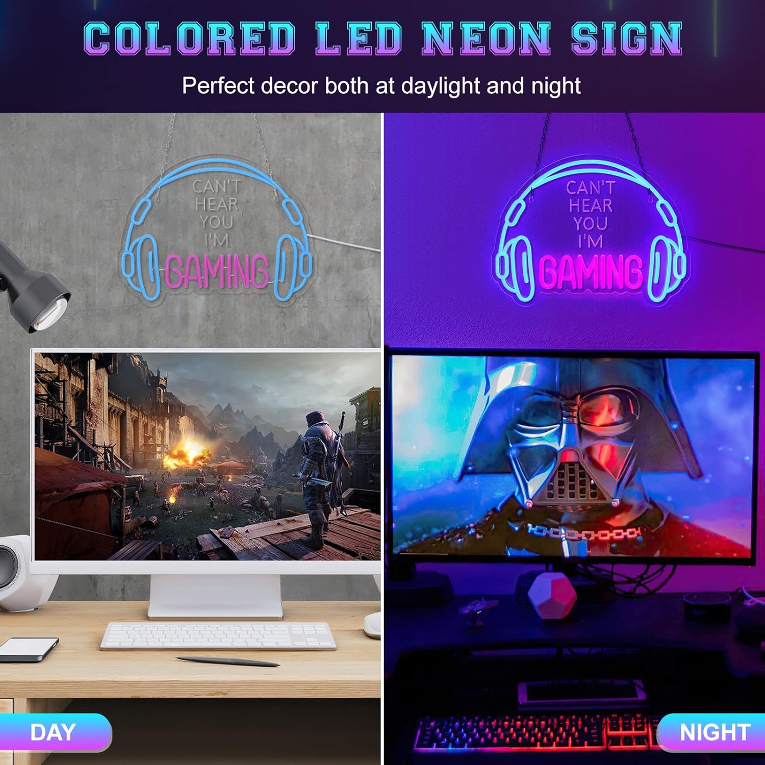 Gaming headset neon sign LED decor glowing blue and pink on wall above computer monitors during day and night