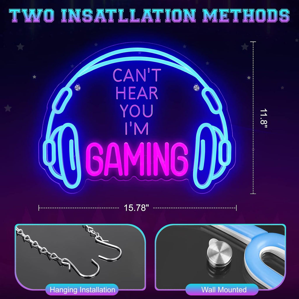 gaming headset neon sign in blue and pink with installation options hanging or wall mounted