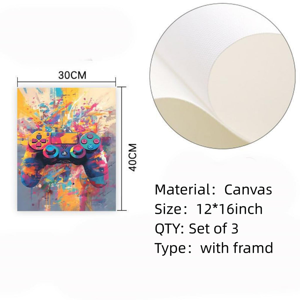 Craques gaming wall art framed canvas set of 3 featuring colorful video game controller design 12x16 inch