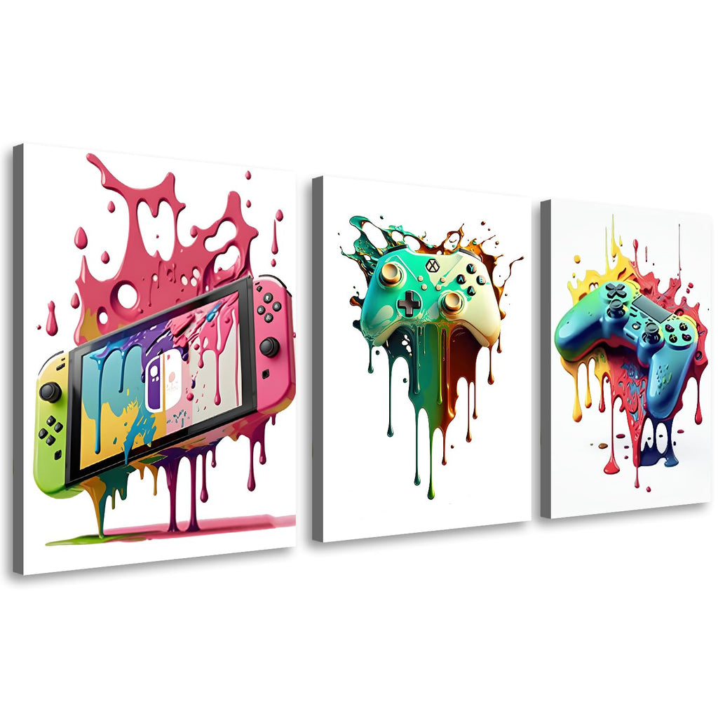 craques gaming wall art framed featuring colorful dripping paint designs of gaming controllers and handheld console