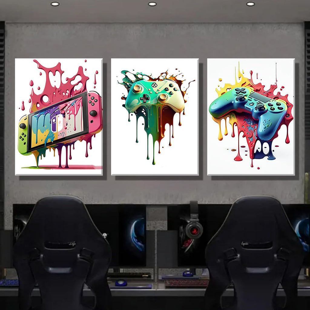 Craques gaming wall art framed featuring colorful melting video game controllers and handheld console prints