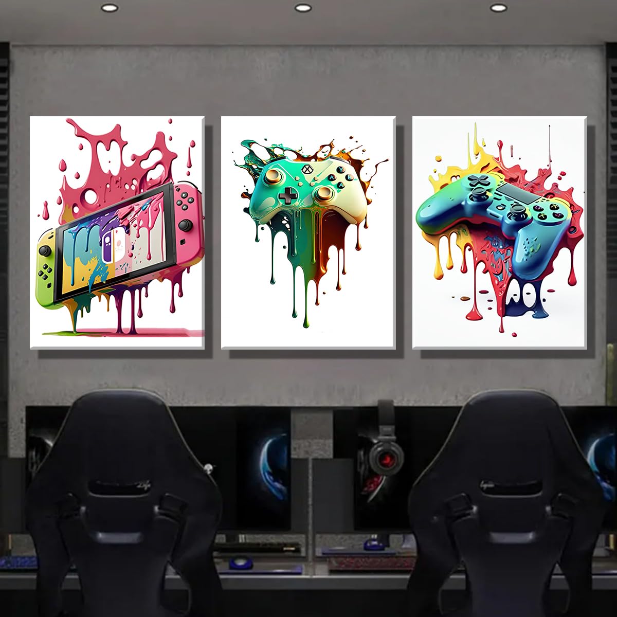 Craques gaming wall art framed featuring colorful melting video game controllers and handheld console prints