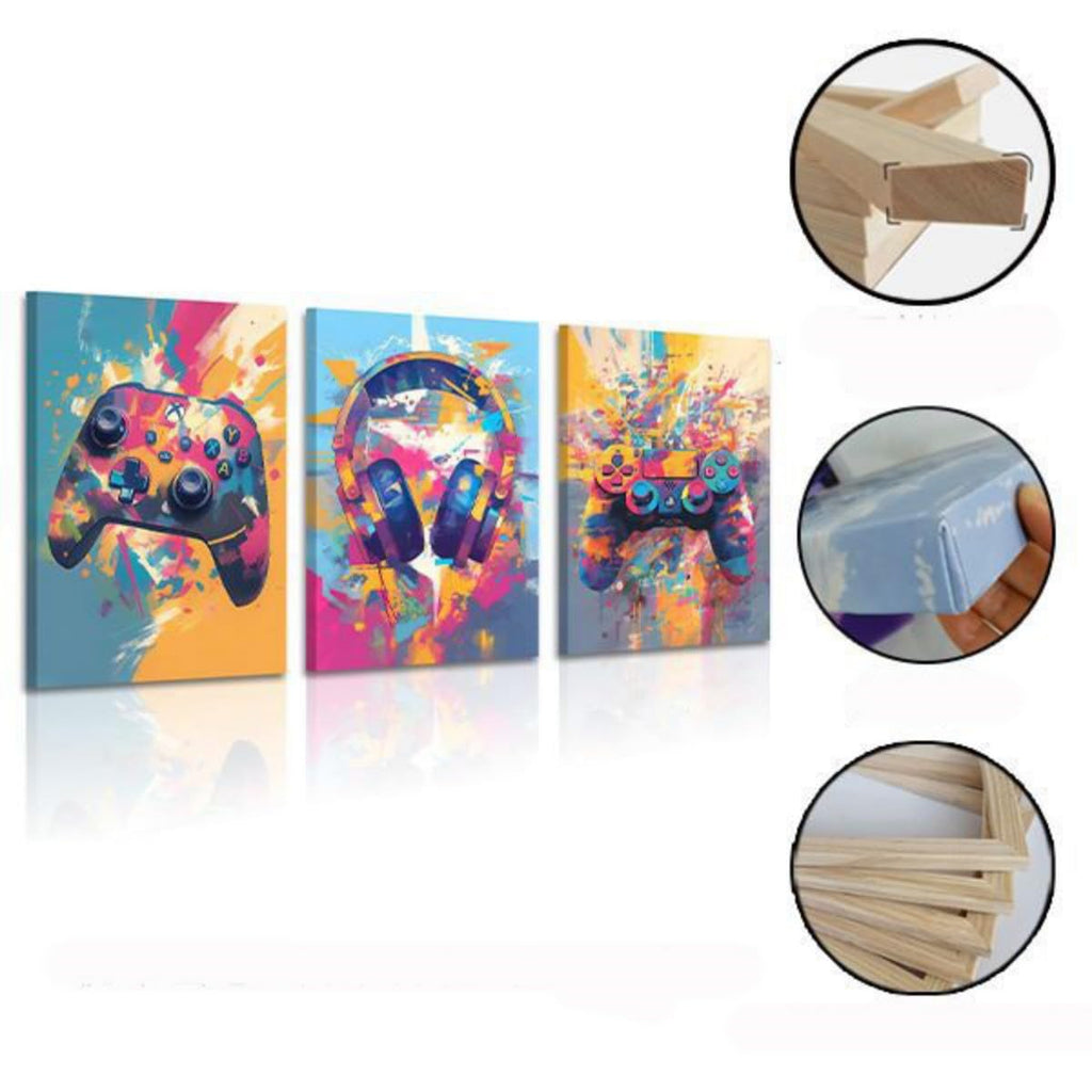 Colorful gaming wall art framed set featuring game controllers and headphones with vibrant splashes