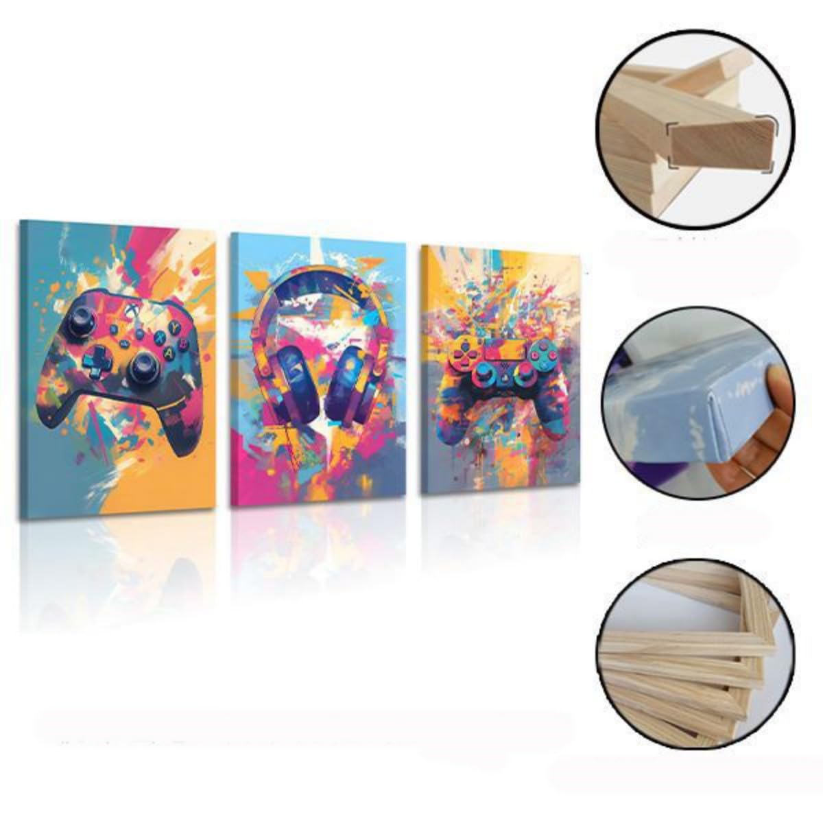 Colorful gaming wall art framed set featuring game controllers and headphones with vibrant splashes