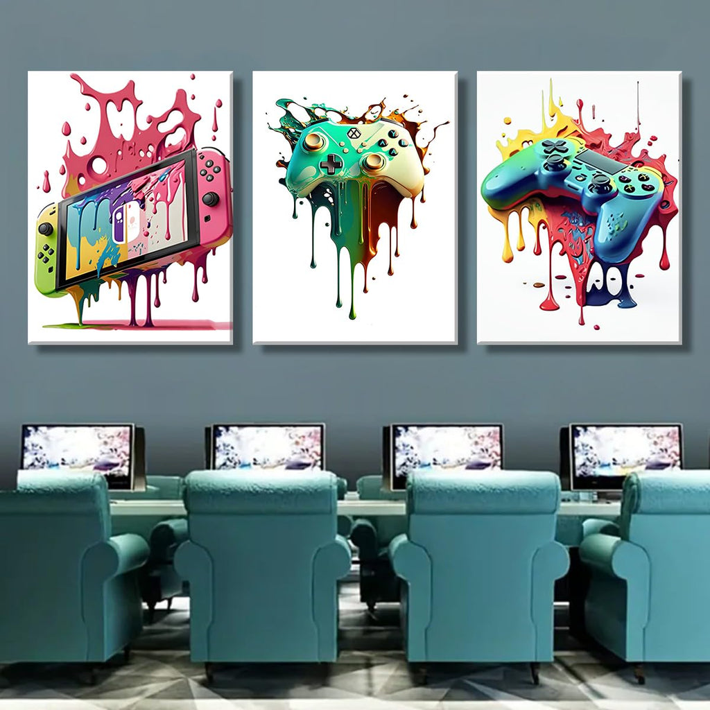 Craques gaming wall art framed set featuring colorful dripping paint video game controllers on white backgrounds