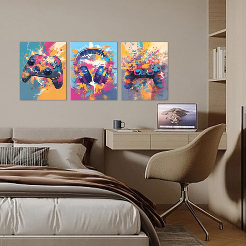Colorful gaming wall art framed set featuring game controllers and headphones in a modern bedroom