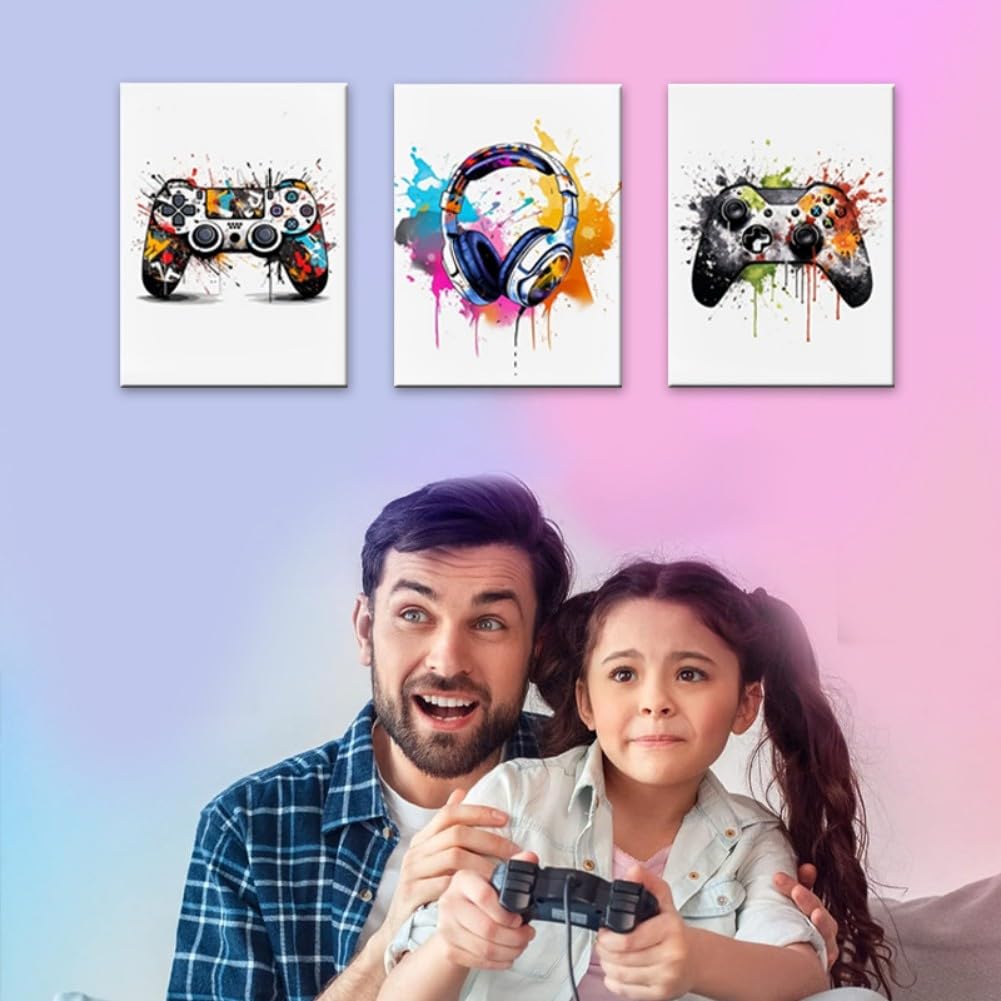 Craques gaming wall art framed featuring colorful controller and headset prints above a father and daughter playing video games