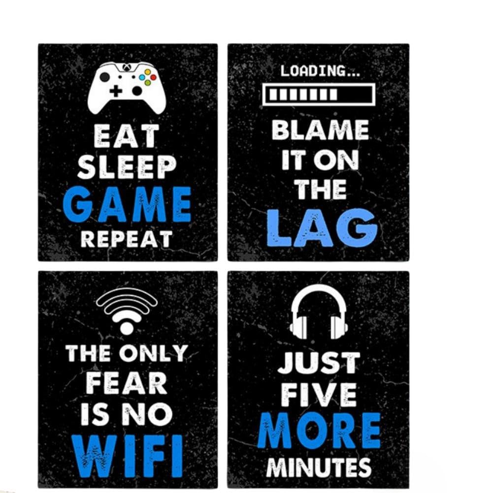 Craques gaming wall art framed set with humorous gaming quotes and icons in black white and blue