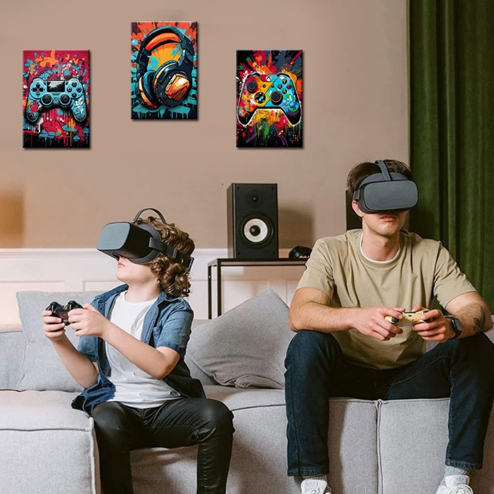 Gaming wall art framed set with colorful controllers and headset designs displayed above gamers using VR headsets