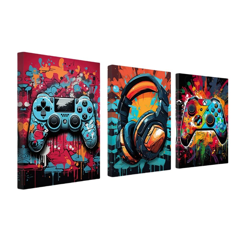 Gaming wall art framed set featuring colorful game controller and headset designs by craques