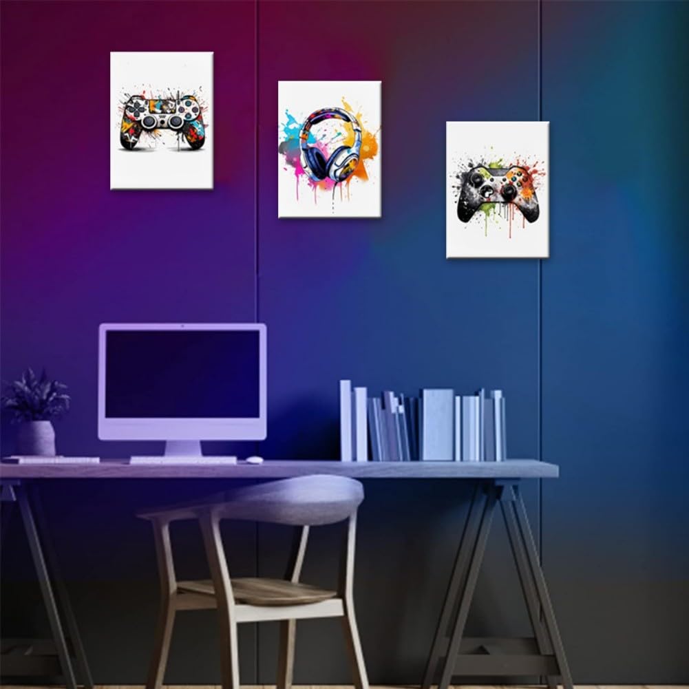 Colorful gaming wall art framed featuring controllers and headphones above a modern desk setup