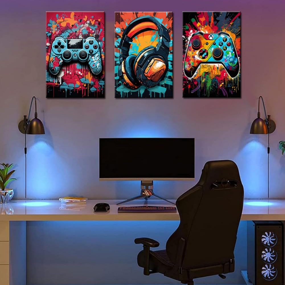 Craques gaming wall art framed featuring colorful controller and headset designs above a gaming desk setup