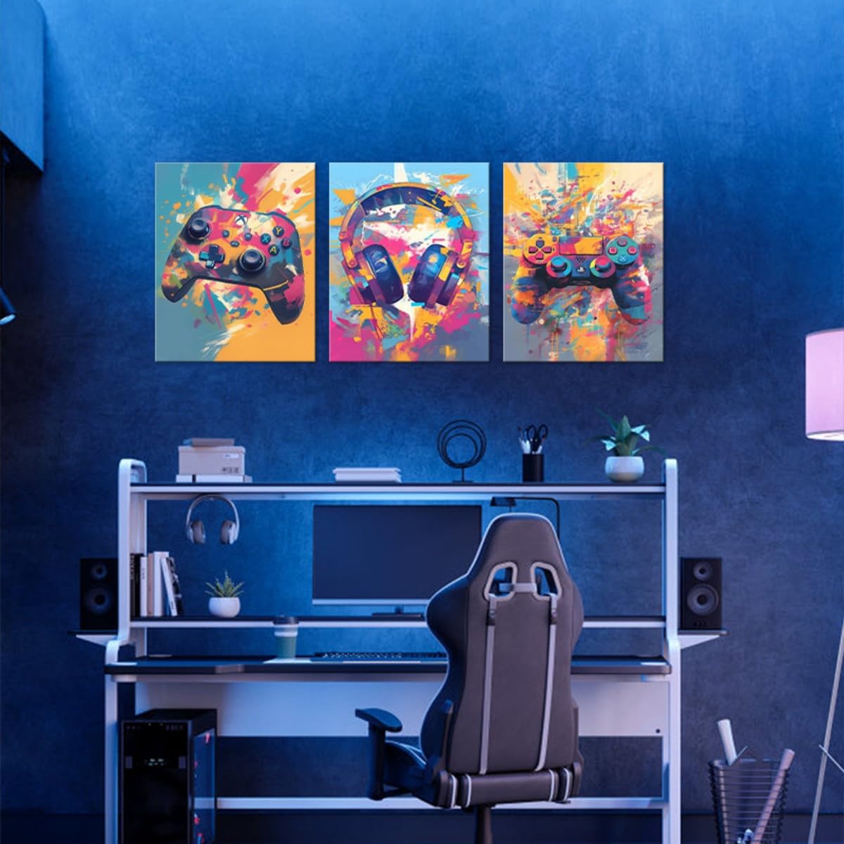 Craques gaming wall art framed with colorful video game controller and headset designs above a modern gaming desk setup