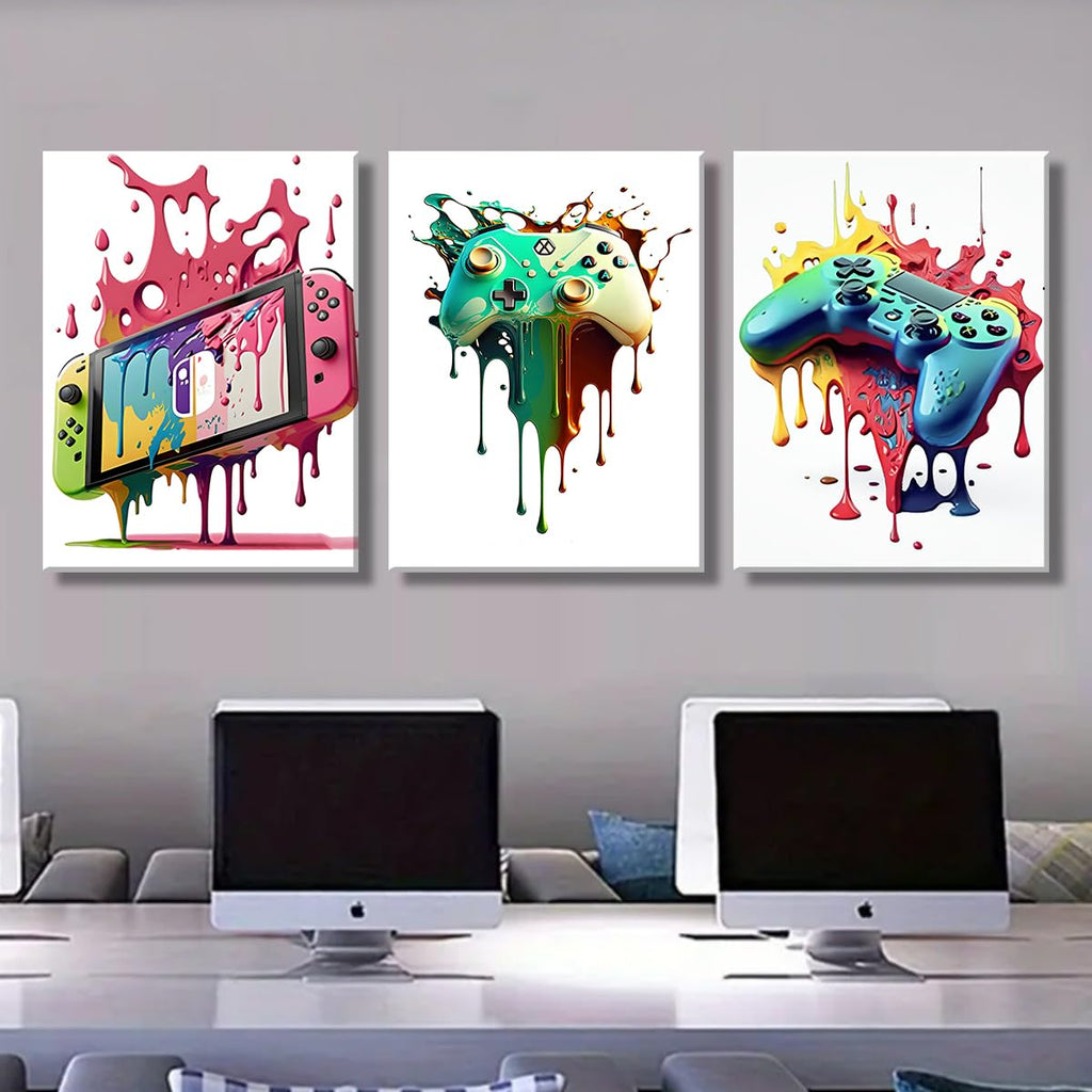 Craques gaming wall art framed set featuring colorful dripping paint designs of gaming controllers and handheld console