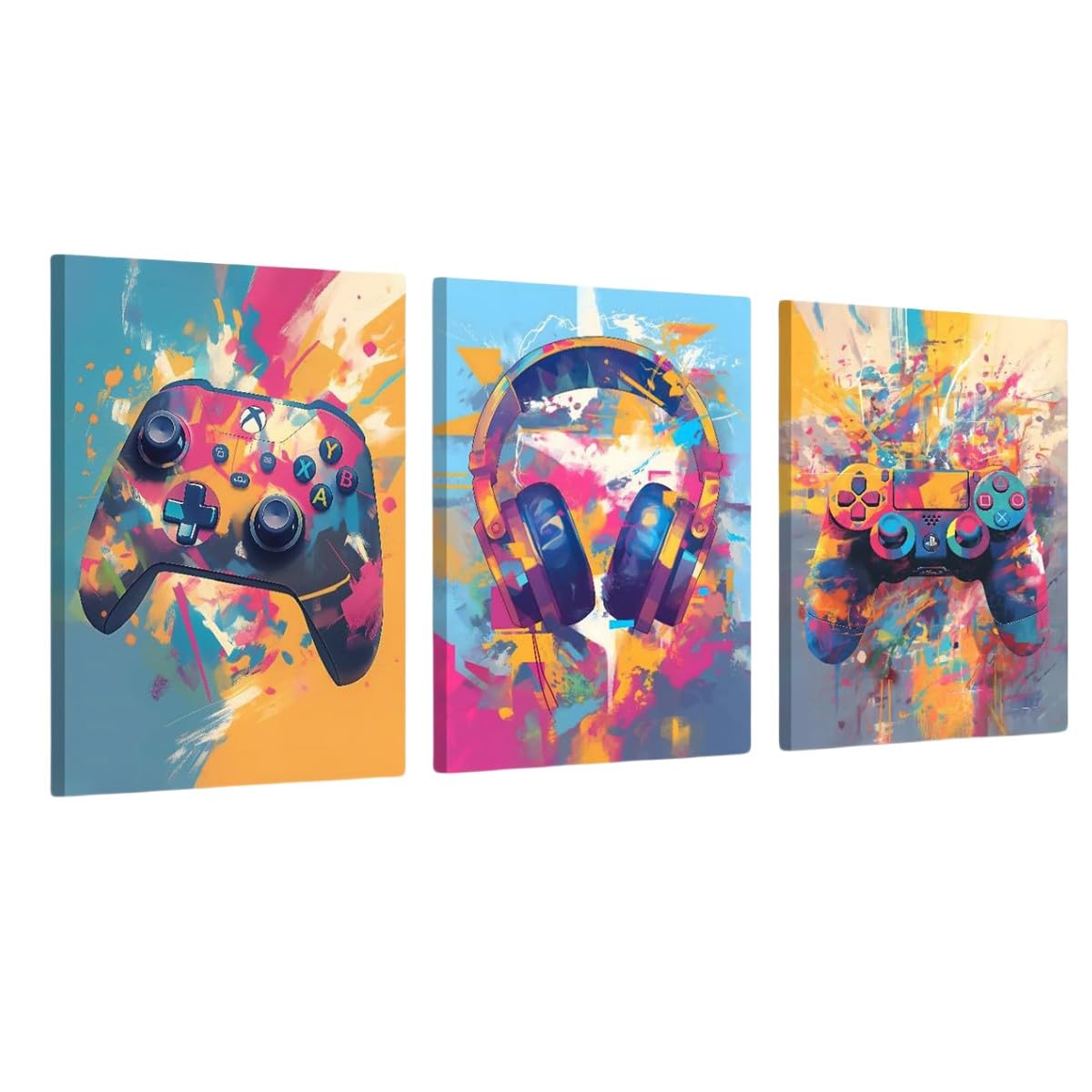 Craques gaming wall art framed with vibrant colorful designs of game controllers and headphones