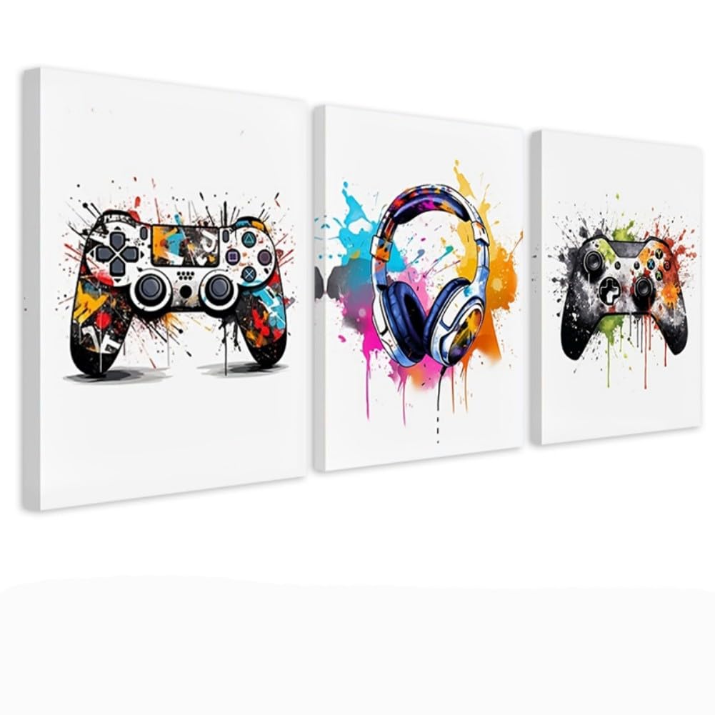 Craques gaming wall art framed set featuring colorful controller and headphones illustrations