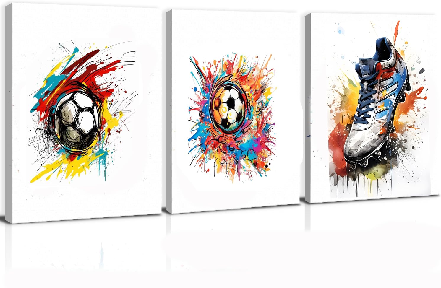 craques gaming wall art framed set featuring colorful soccer ball and cleat designs on white background
