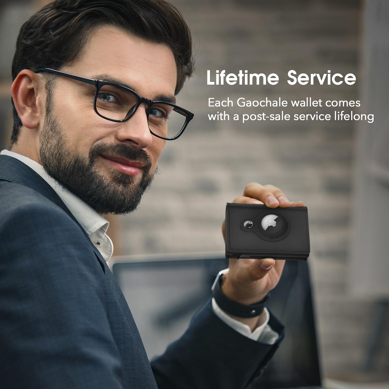 Man holding a black AirTag wallet for men with lifetime service guarantee by craques