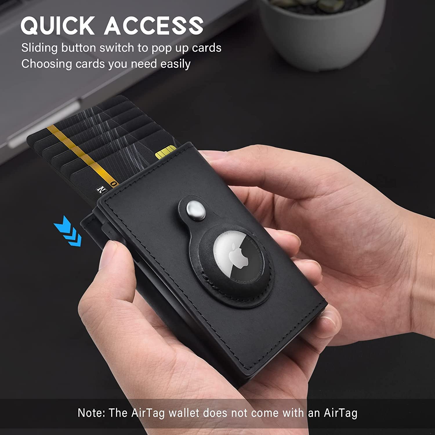 Black AirTag wallet for men with quick access sliding button to pop up multiple cards