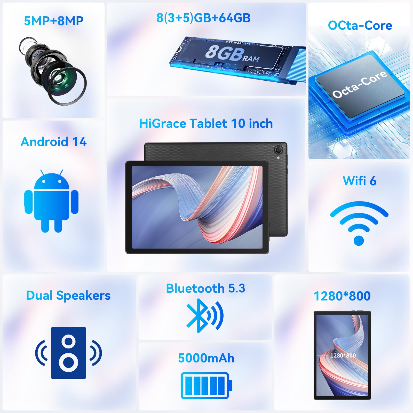 Craques Android 14 tablet 10 inch with 8GB RAM 64GB storage octa-core processor and dual cameras