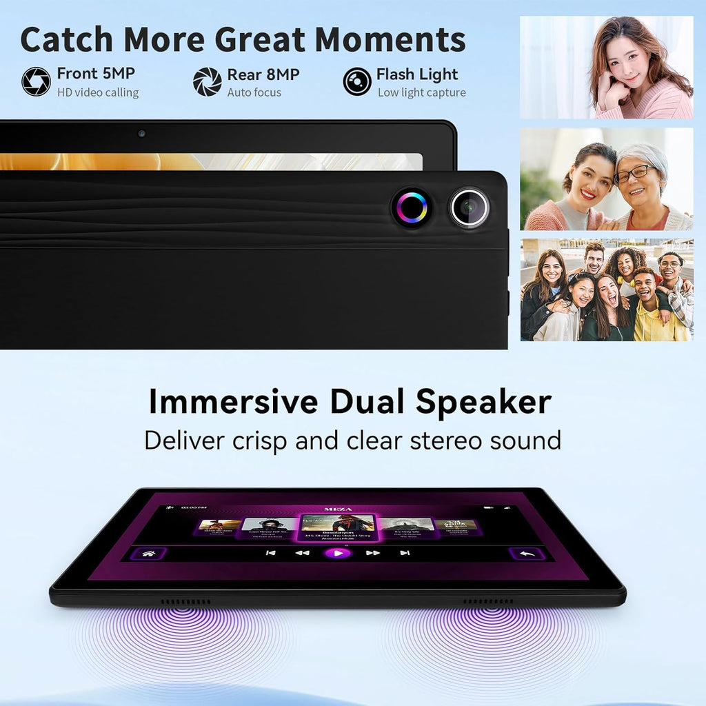 Craques Android 14 tablet 10 inch showing dual speakers and front 5MP rear 8MP cameras with flash