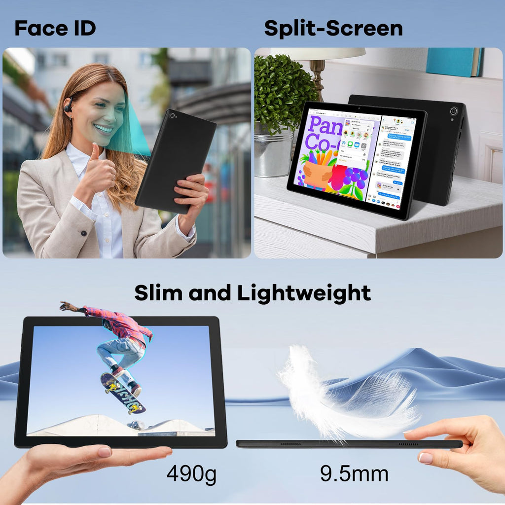 craques Android 14 tablet 10 inch showcasing face ID, split-screen, slim 490g weight, and 9.5mm thickness