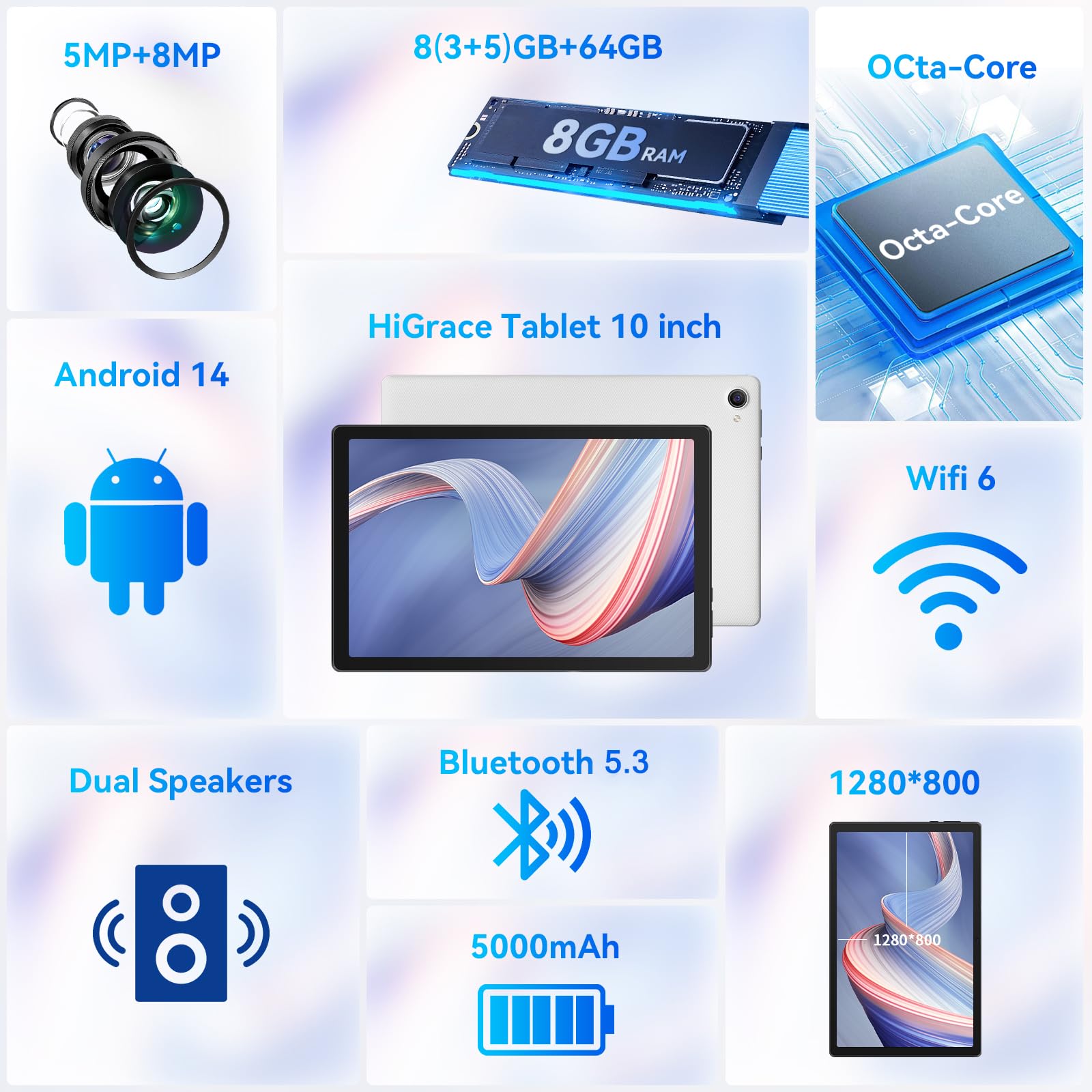 Craques Android 14 tablet 10 inch showing 8GB RAM dual speakers and 1280x800 display