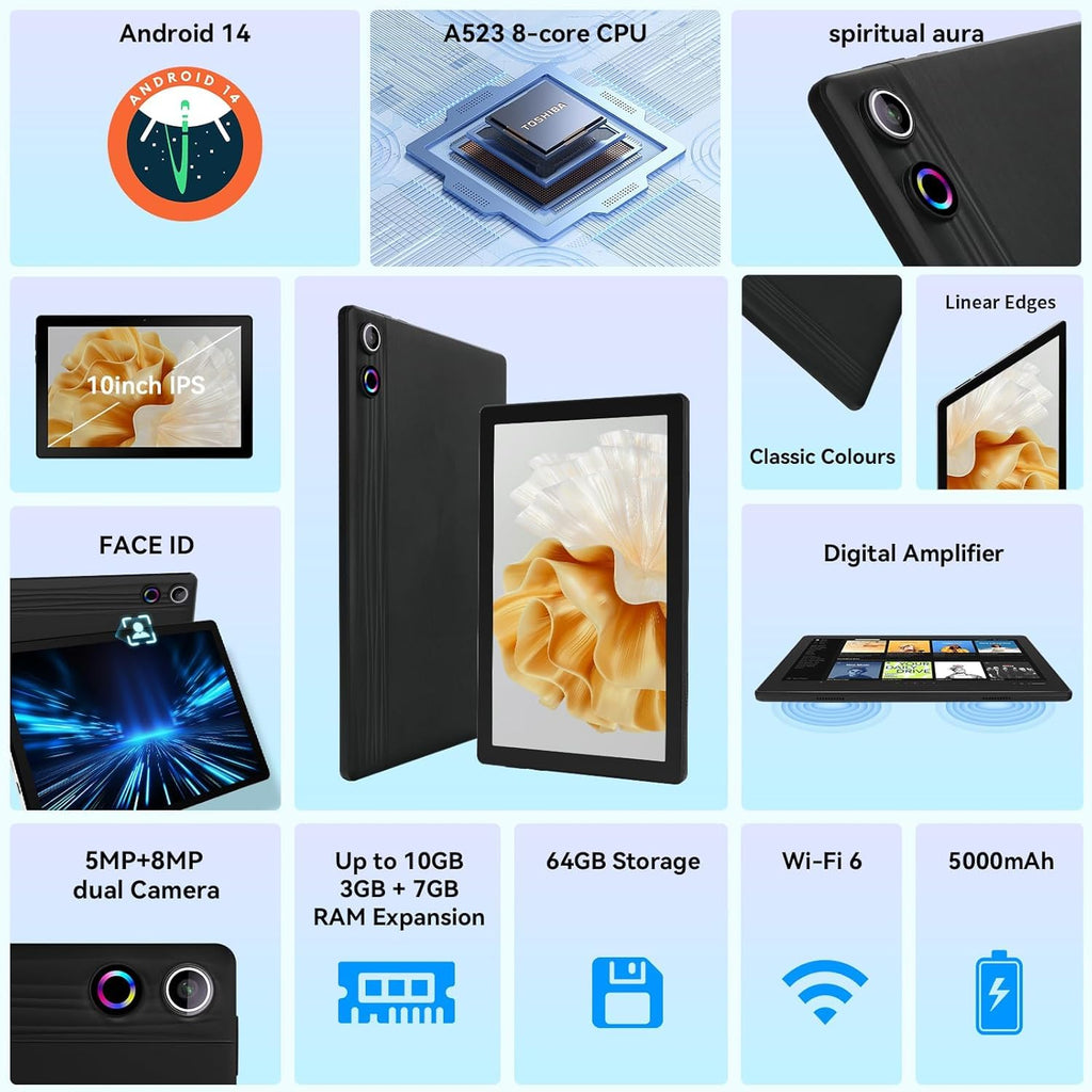 craques Android 14 tablet 10 inch with A523 8-core CPU, dual 5MP and 8MP cameras, 64GB storage, and Wi-Fi 6