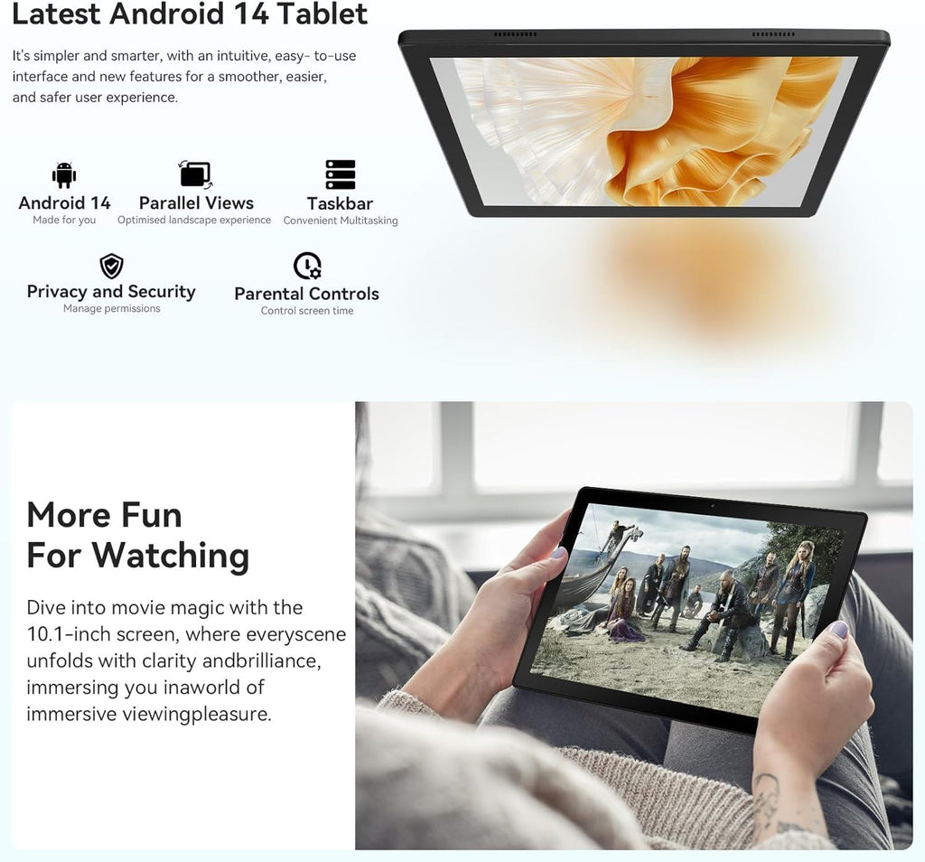 Craques Android 14 tablet 10 inch showing video streaming on large screen with sleek design