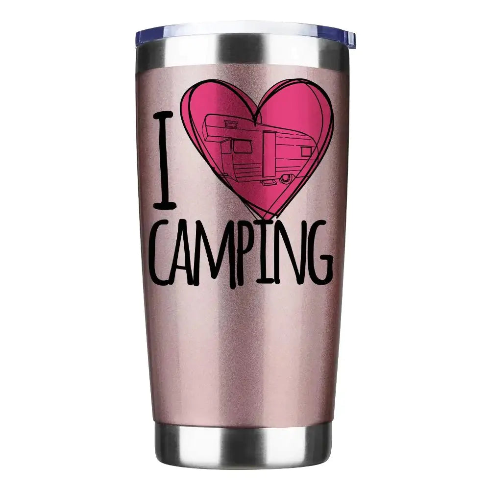 Craques pink camping insulated tumbler with I love camping design and heart graphic