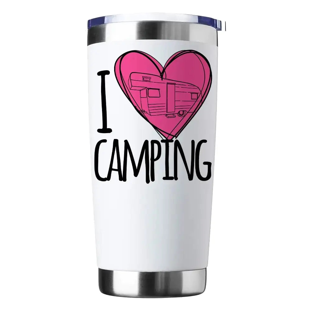 Craques white camping insulated tumbler with I love camping design and pink heart graphics