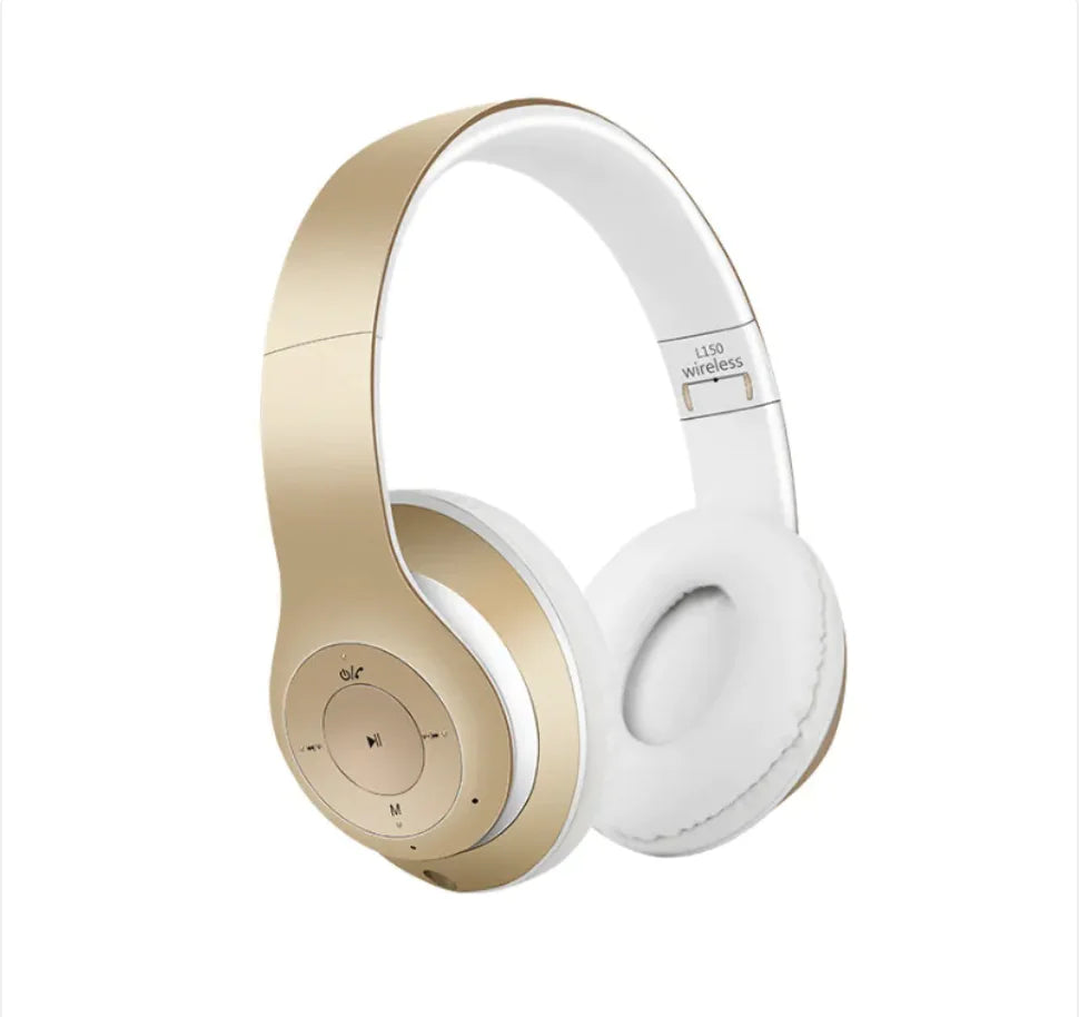 Gold and white foldable bluetooth gaming headset with cushioned ear cups and wireless controls