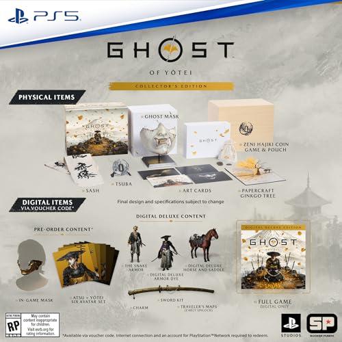 Ghost of Yōtei PS5 game collector’s edition with physical and digital items including mask, art cards, and costume