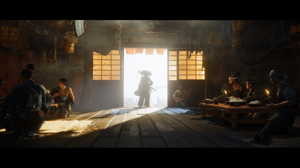 Atmospheric in-game scene from Ghost of Yōtei PS5 game showing a silhouetted samurai entering a traditional room