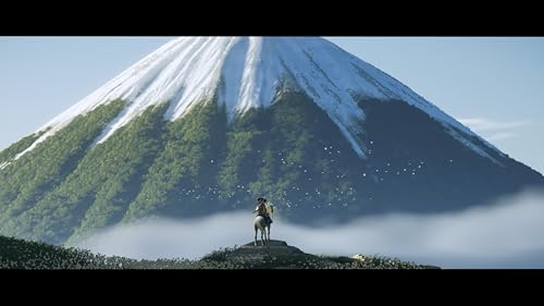 Scenic snowy mountain landscape with a lone rider on horseback in Ghost of Yōtei PS5 game