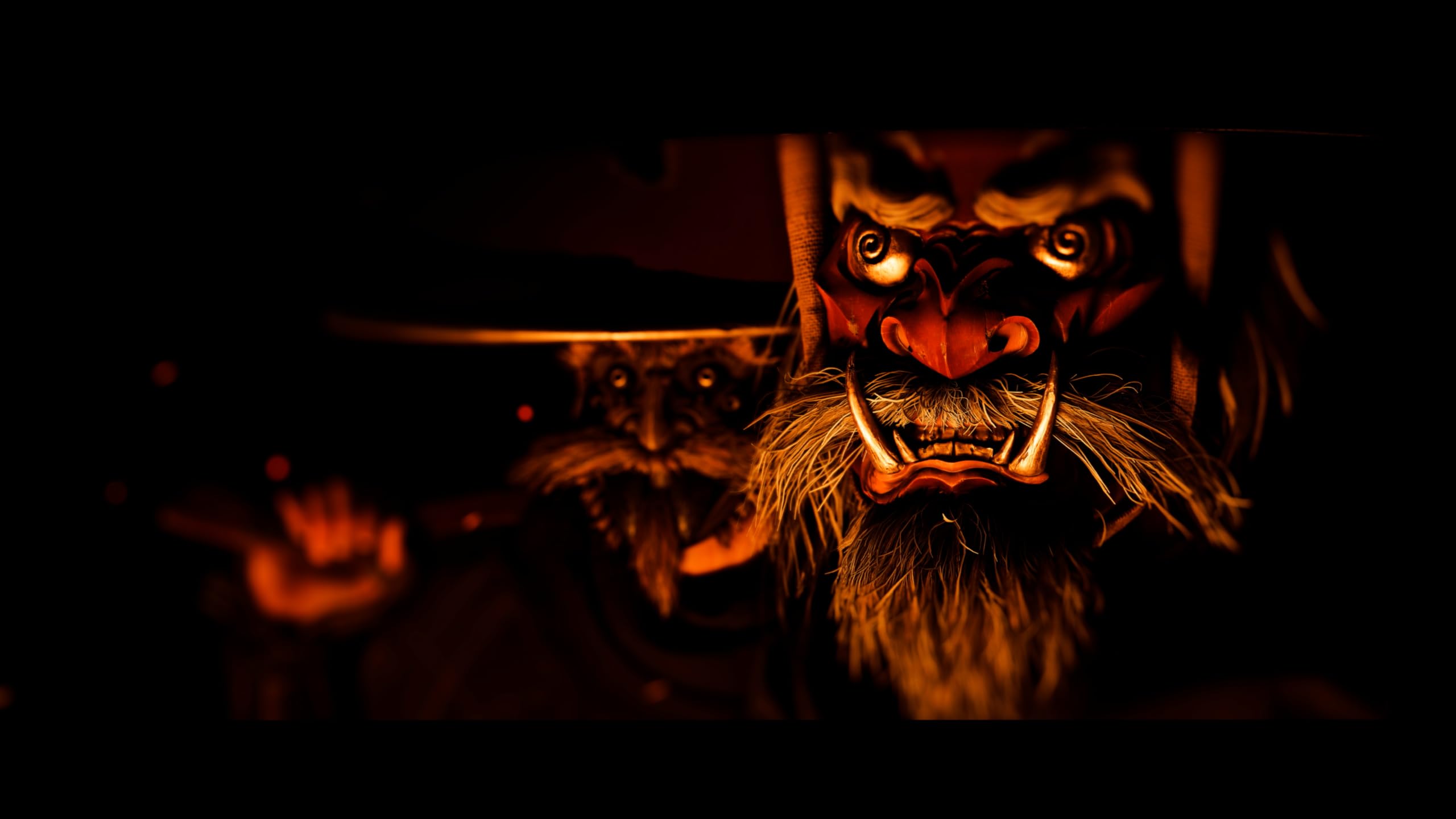 Dark eerie scene with a detailed demonic mask in the Ghost of Yōtei PS5 game by craques