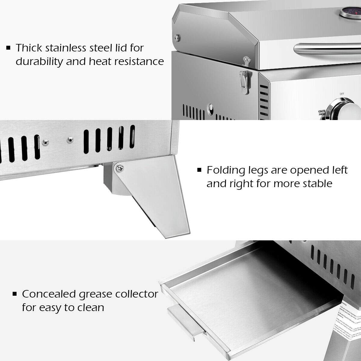 Close-up details of Giantex propane grill 4 burner showing stainless steel lid, folding legs, and concealed grease collector