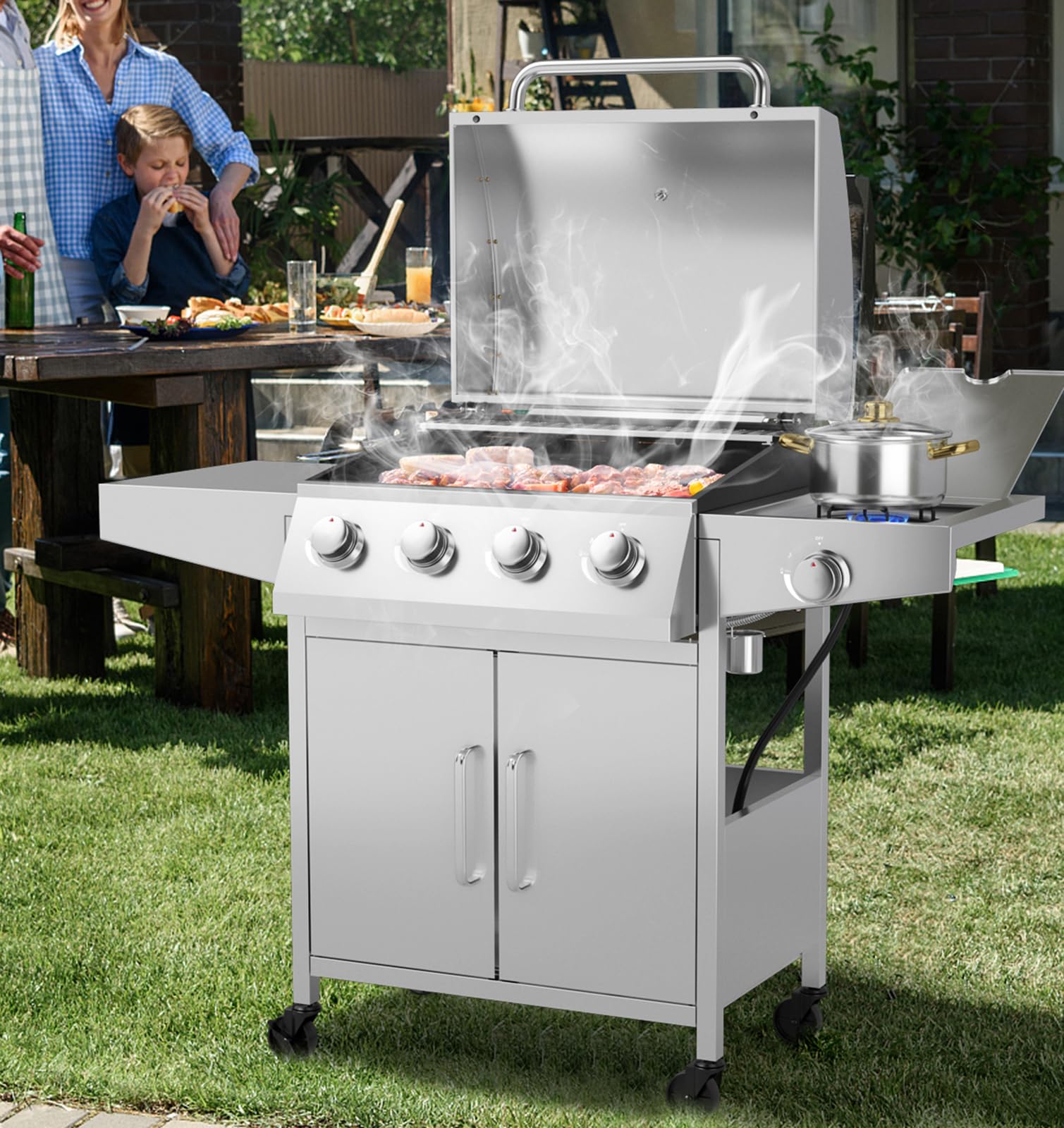 Giantex propane grill 4 burner stainless steel with cooking food and side burner in backyard