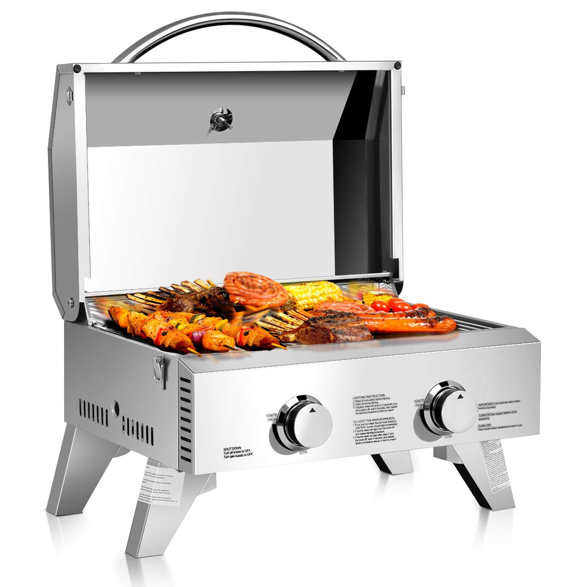 Giantex propane grill 4 burner stainless steel outdoor barbecue grill with assorted grilled food