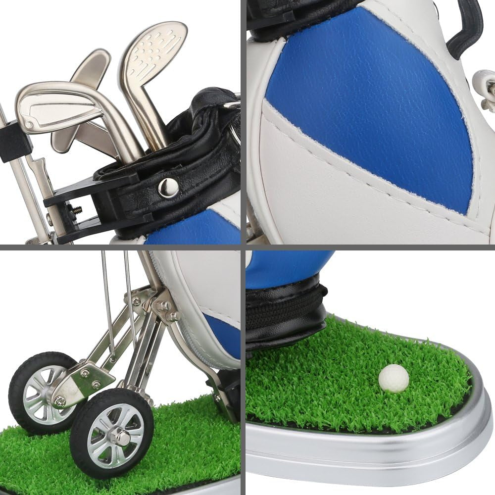 Close-up of craques golf gifts for men including golf clubs, bag, and mini putting green with a golf ball