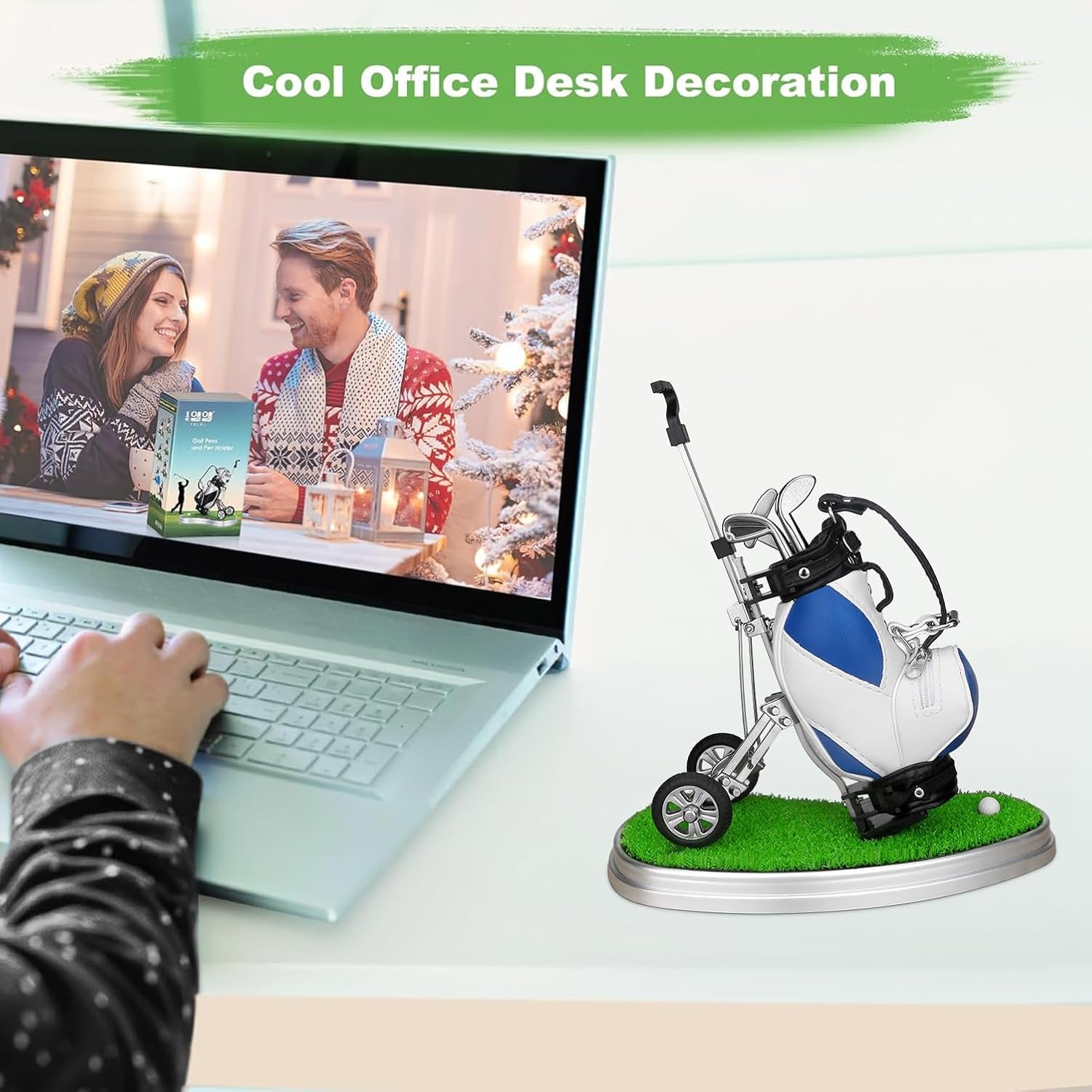 Miniature golf bag desk decoration with clubs on green base, cool office golf gifts for men